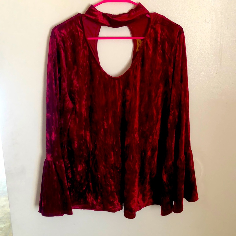 Rich red textured wrangler velvet bell sleeve top